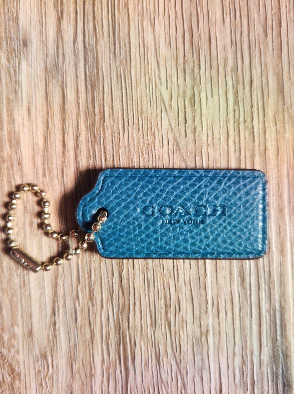 Coach Teal Pebbled Leather Key Tag with Gold Ball Chain